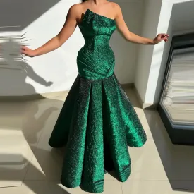 TAVIMART  -  Stunning Green Mermaid Prom Dresses Strapless Women Trumpet Evening Gowns Ruffles Pleated Ball Gown Bridal Wedding Dress W