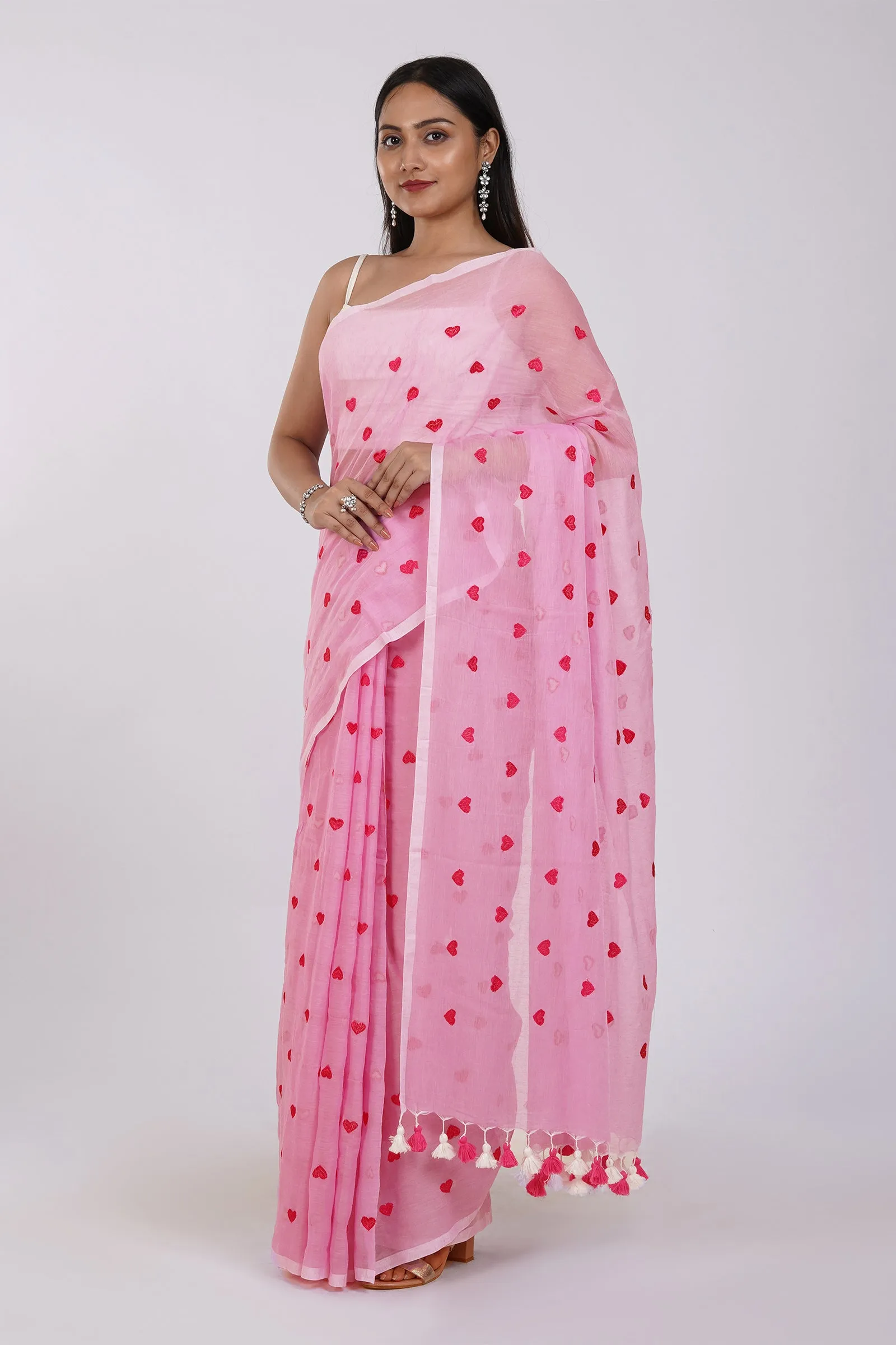 Teejh Chahna Pink Mul Cotton Heart Embroidery Saree