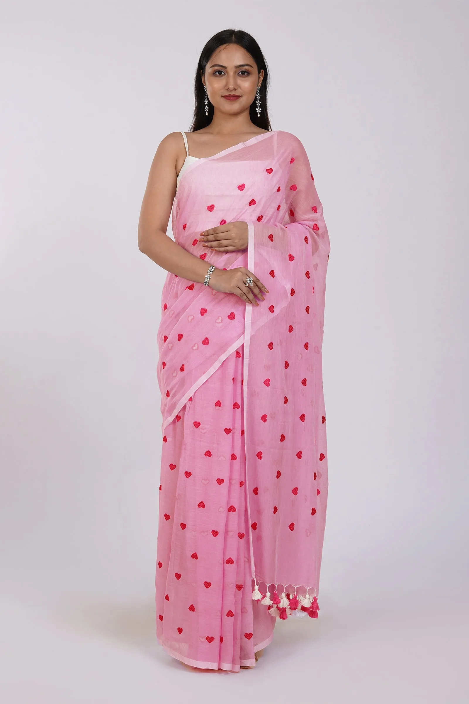 Teejh Chahna Pink Mul Cotton Heart Embroidery Saree