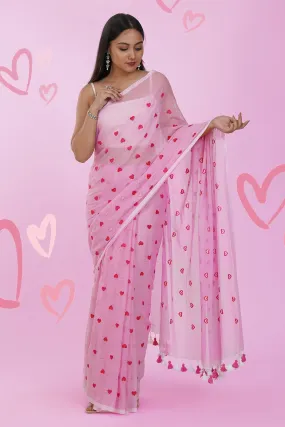 Teejh Chahna Pink Mul Cotton Heart Embroidery Saree