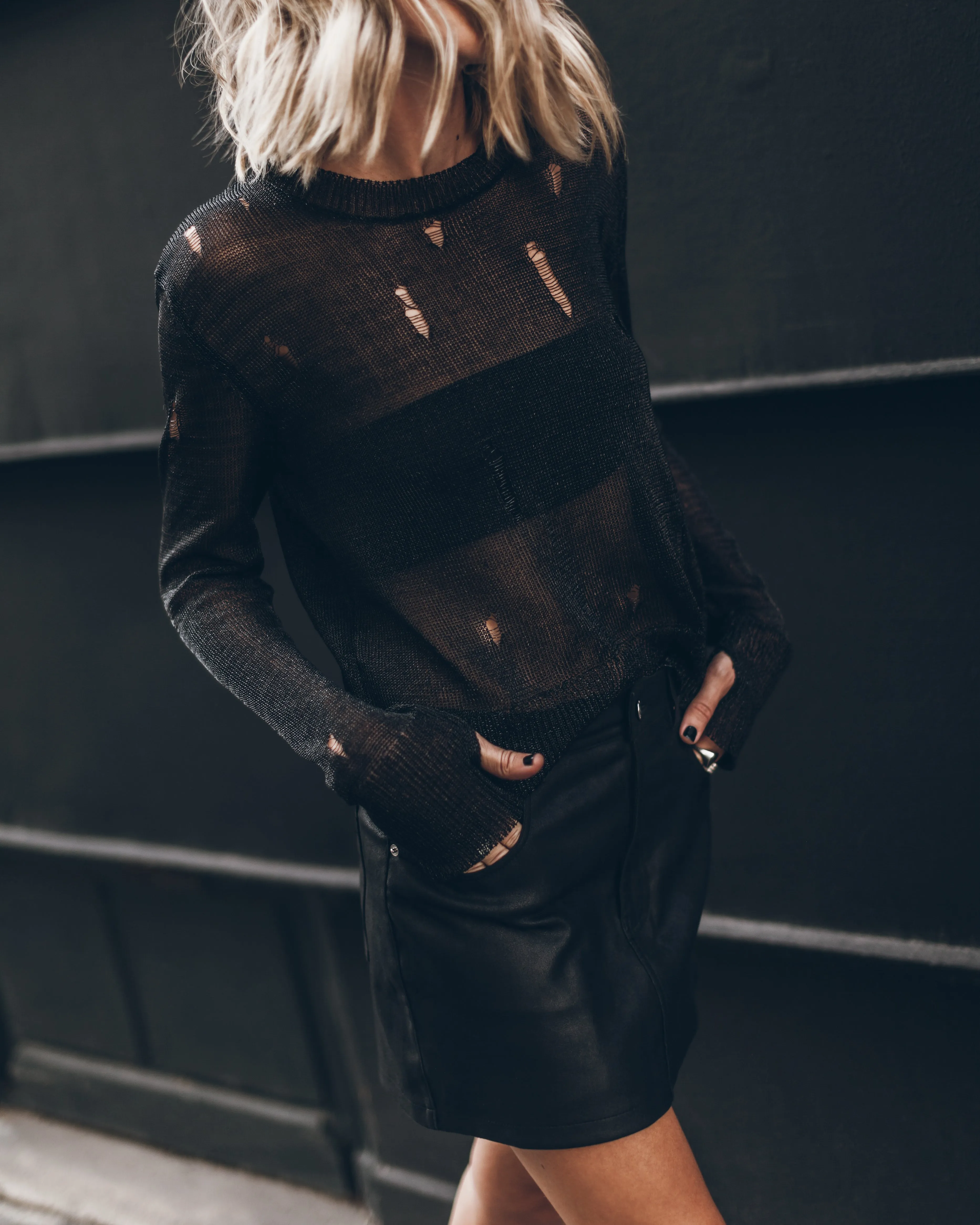 The Black Metallic Distressed Knitted Sweater