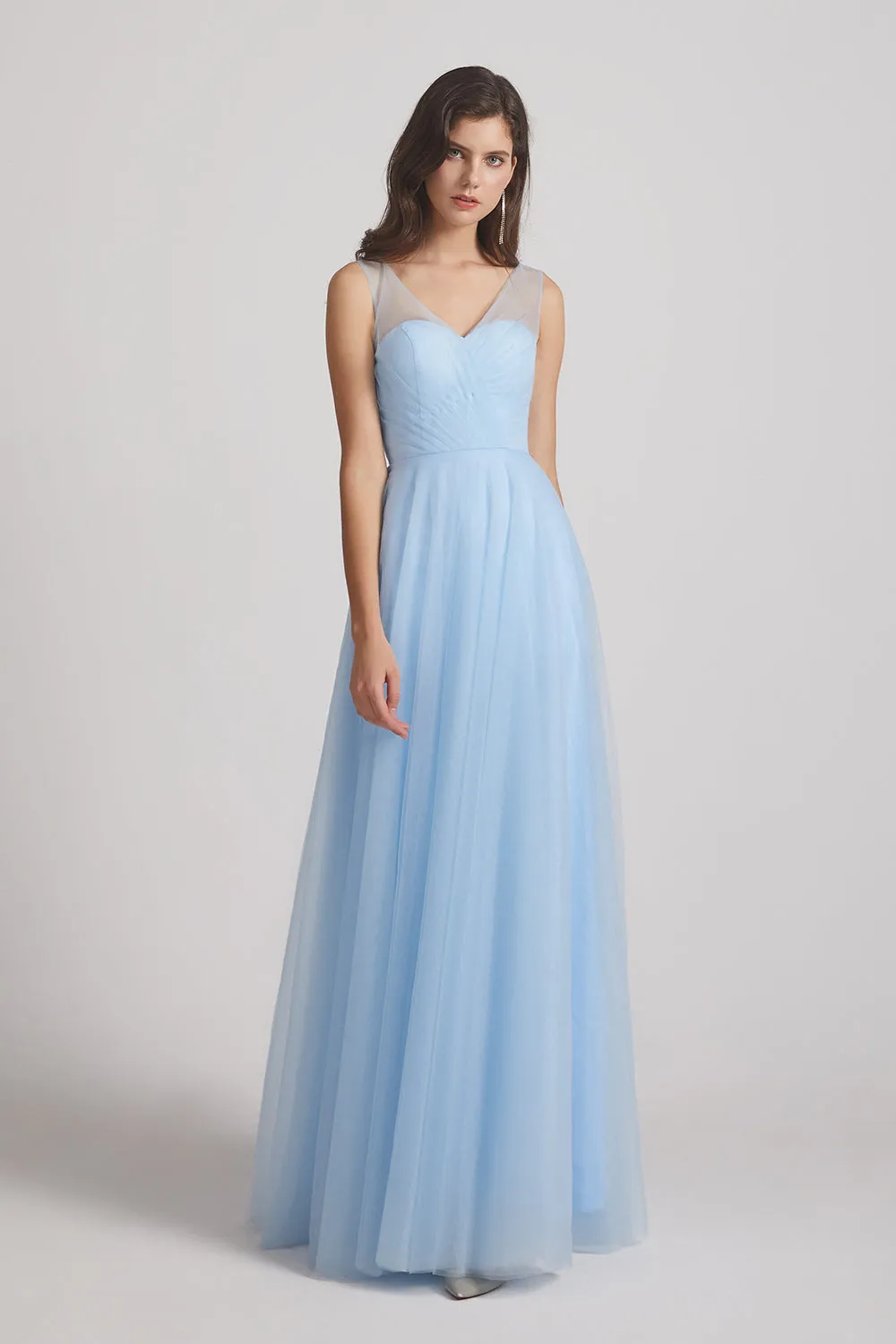 V-Neck Sleeveless Sheer Back Long Tulle Light Blue Bridesmaid Dresses (AF0105)