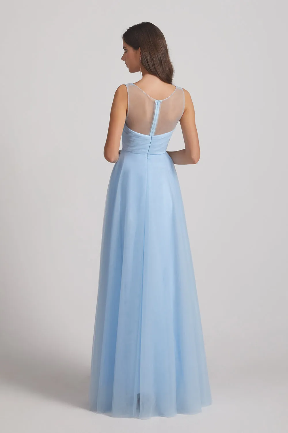 V-Neck Sleeveless Sheer Back Long Tulle Light Blue Bridesmaid Dresses (AF0105)