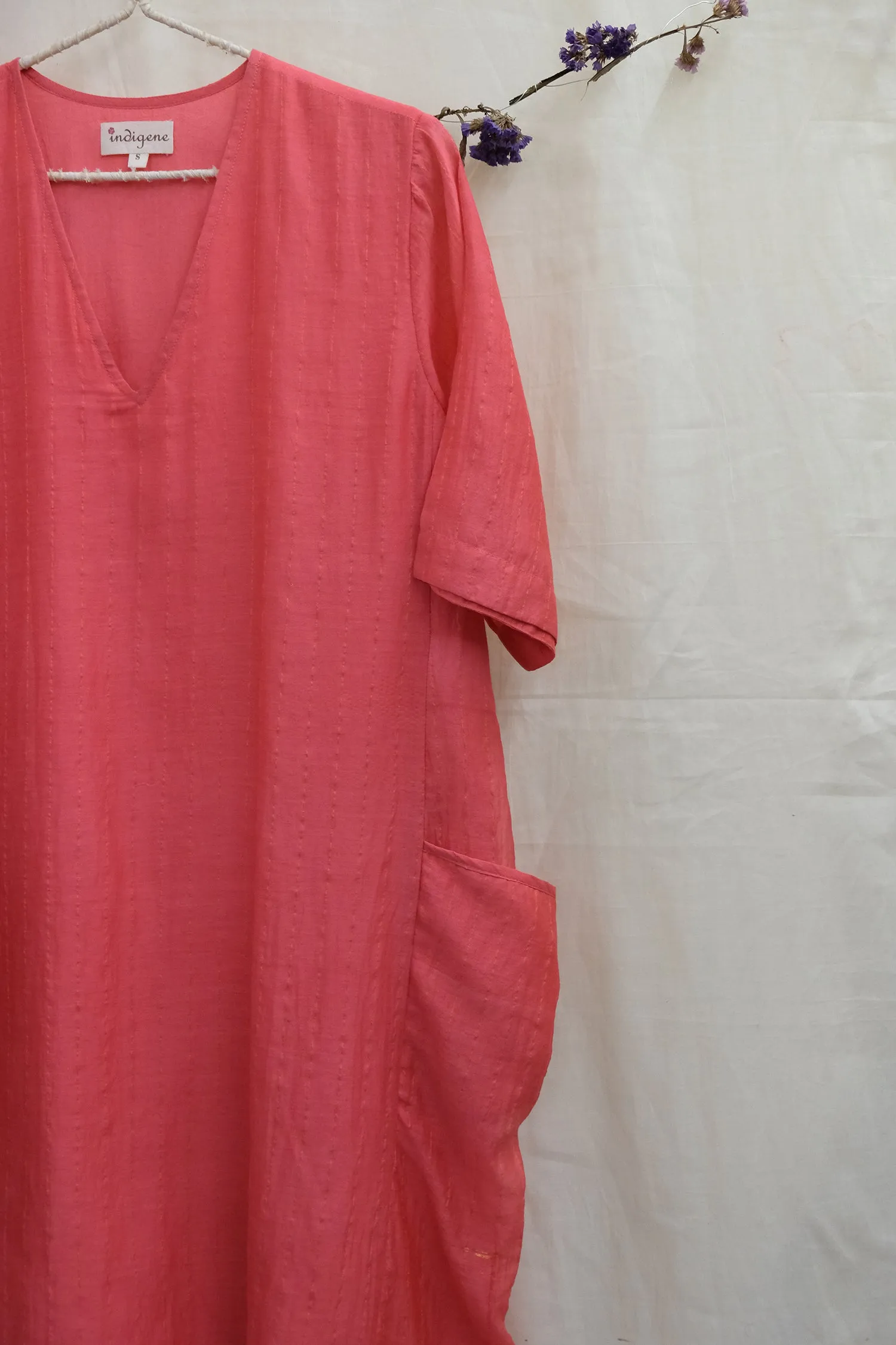 V-neck Zari Chanderi layered Dress Deep Coral