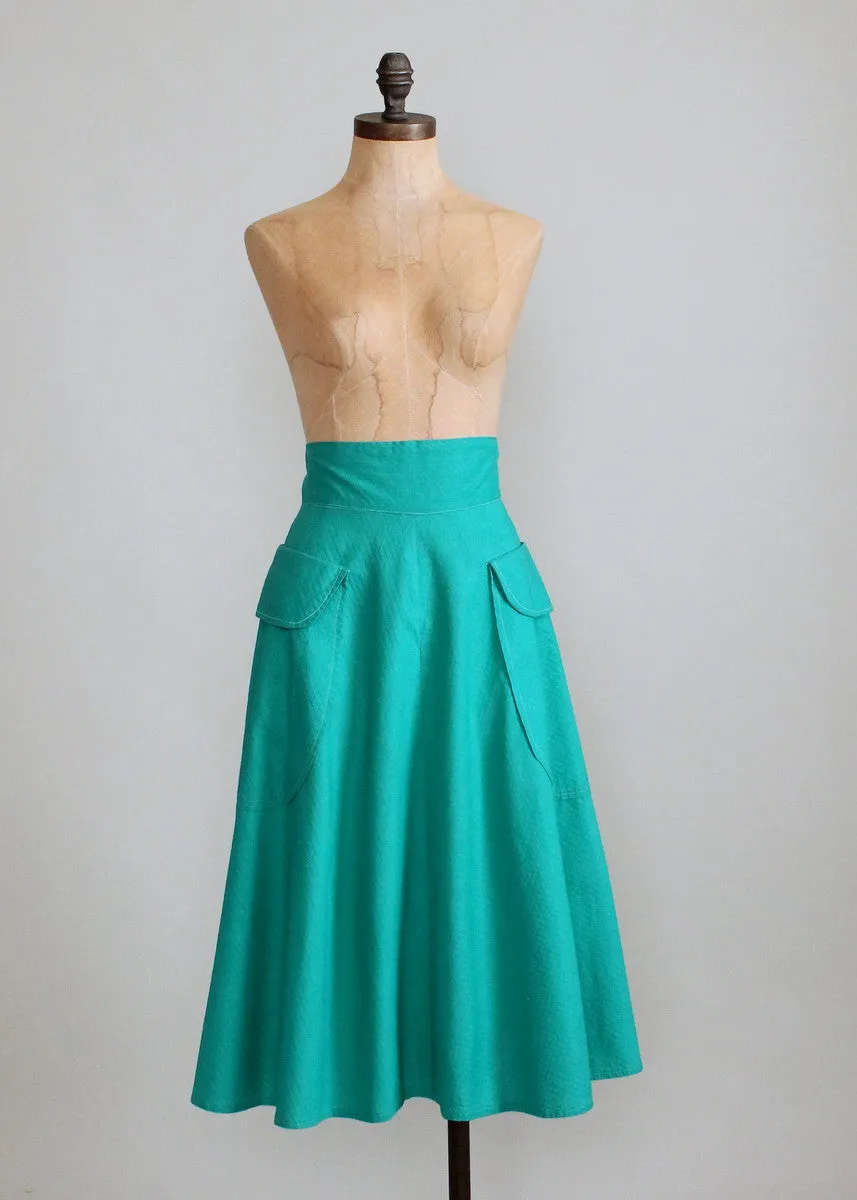 Vintage Early 1950s Teal Cotton Skirt with Pockets