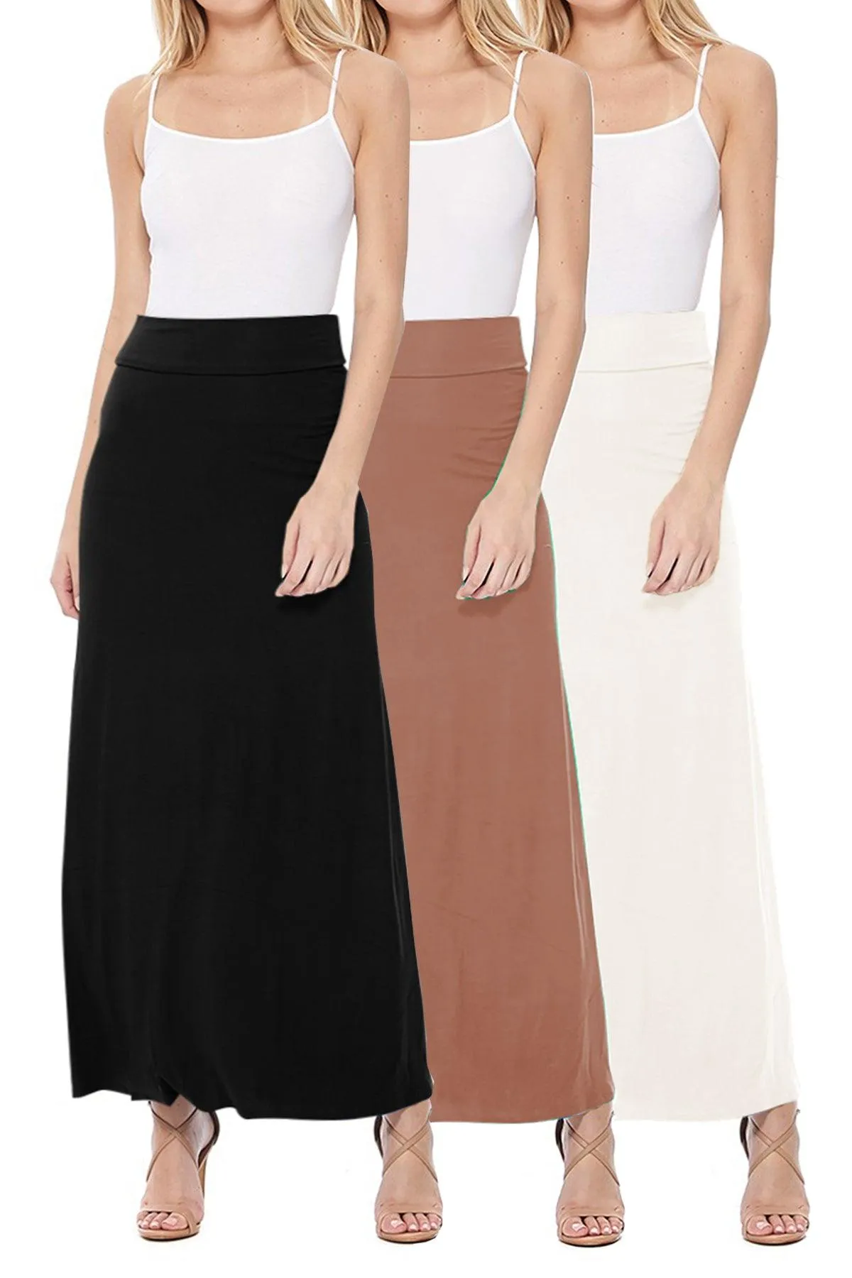 Women's Casual Solid High Waisted A -line Maxi Skirt Elastic Waistband (Pack of 3,1,NULL,NULL)