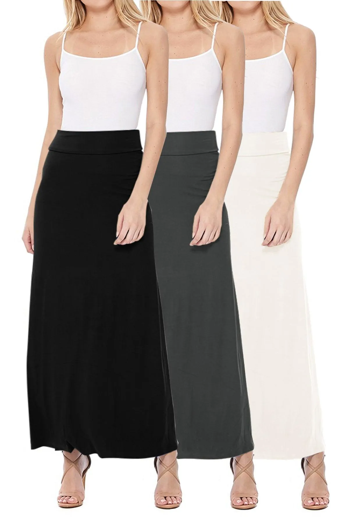 Women's Casual Solid High Waisted A -line Maxi Skirt Elastic Waistband (Pack of 3,1,NULL,NULL)