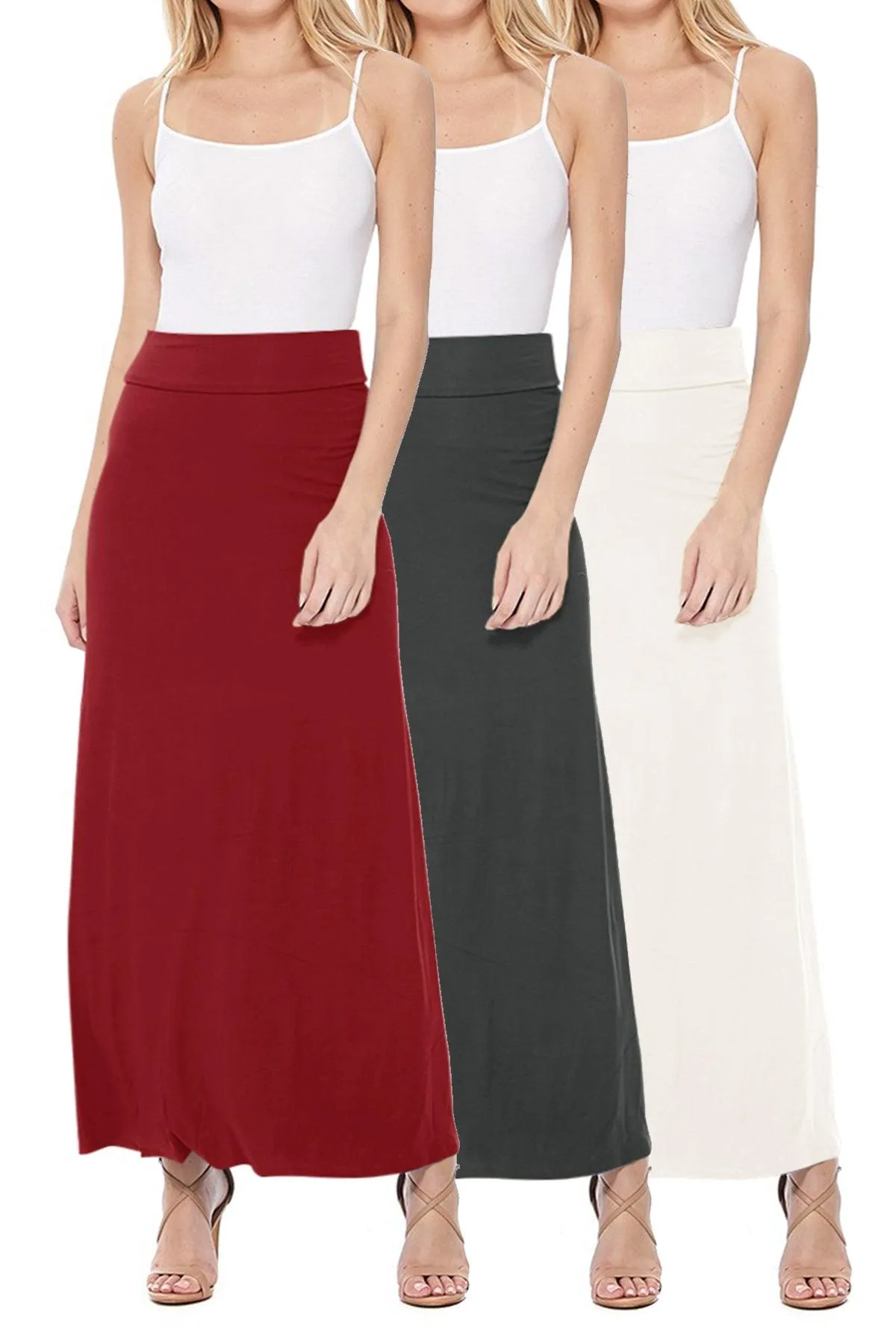 Women's Casual Solid High Waisted A -line Maxi Skirt Elastic Waistband (Pack of 3,1,NULL,NULL)