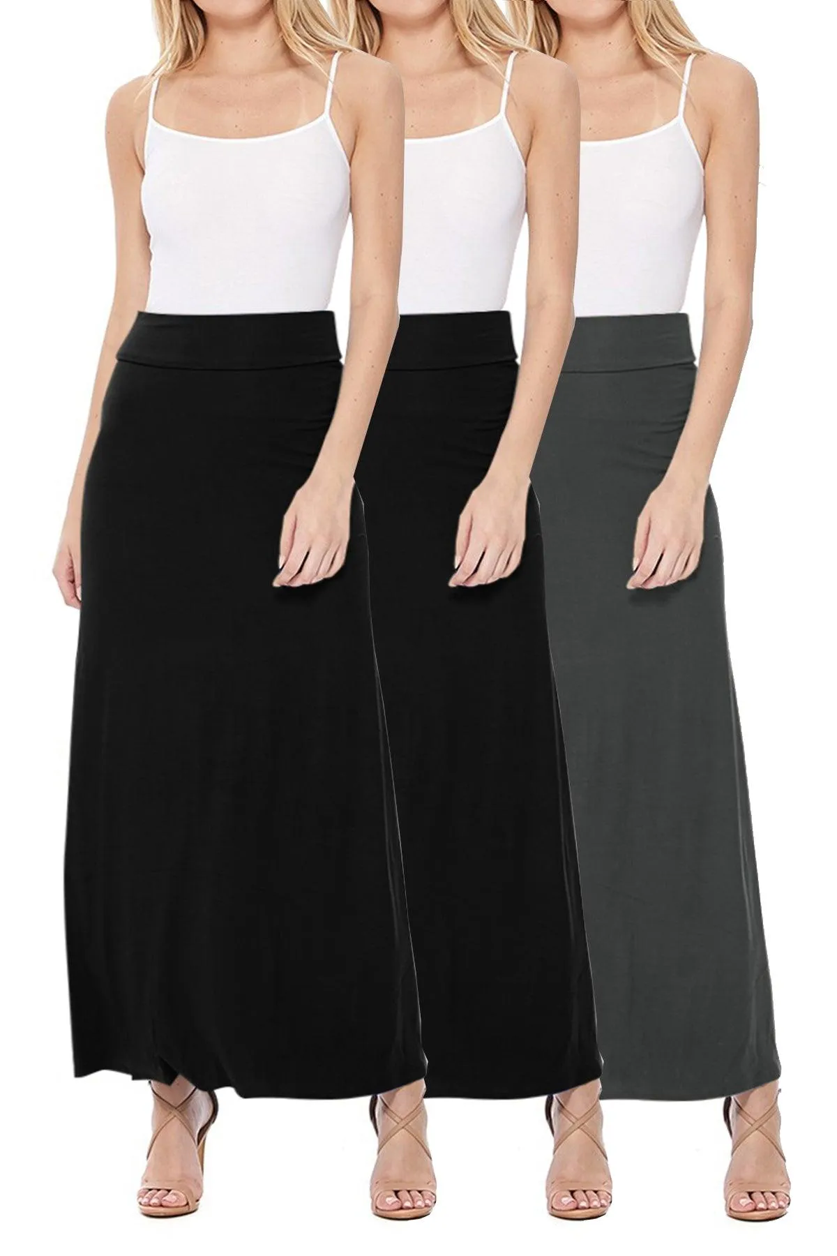 Women's Casual Solid High Waisted A -line Maxi Skirt Elastic Waistband (Pack of 3,1,NULL,NULL)