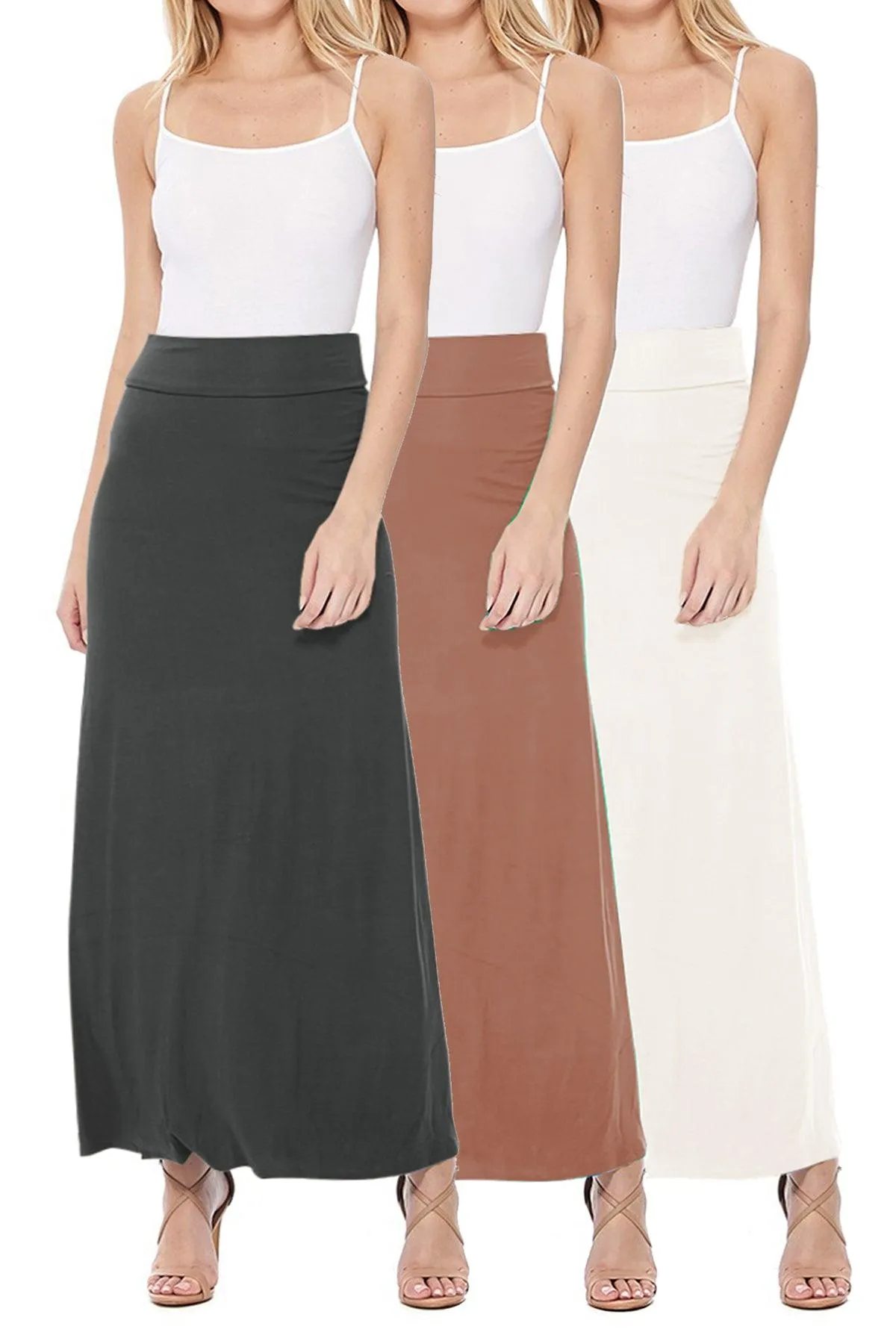 Women's Casual Solid High Waisted A -line Maxi Skirt Elastic Waistband (Pack of 3,1,NULL,NULL)